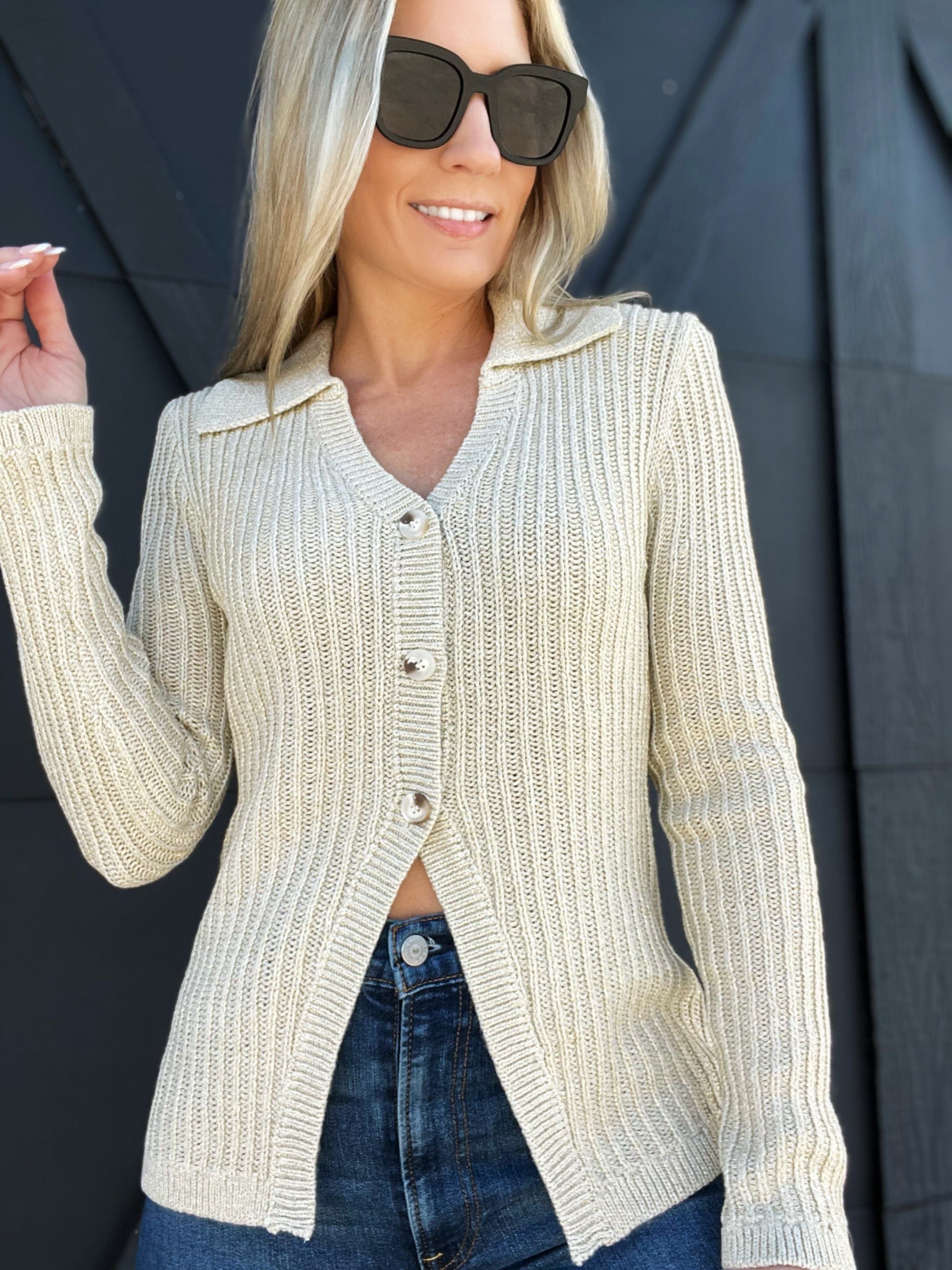Collared Front Button Cardigan-Pearl - Infinity Raine