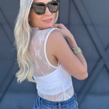Ruched Side Mock Neck Lace Top In White - Infinity Raine