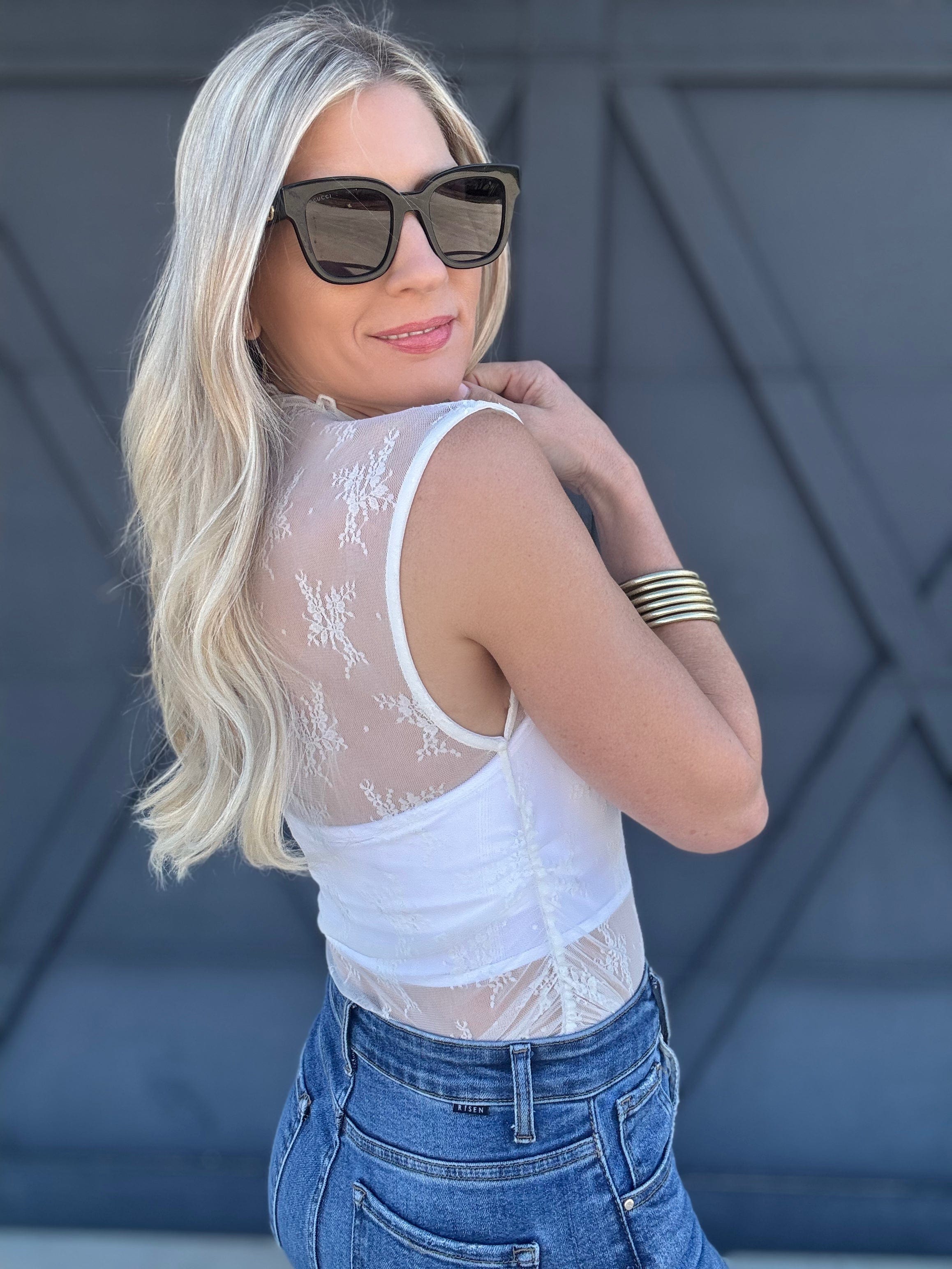 Ruched Side Mock Neck Lace Top In White - Infinity Raine