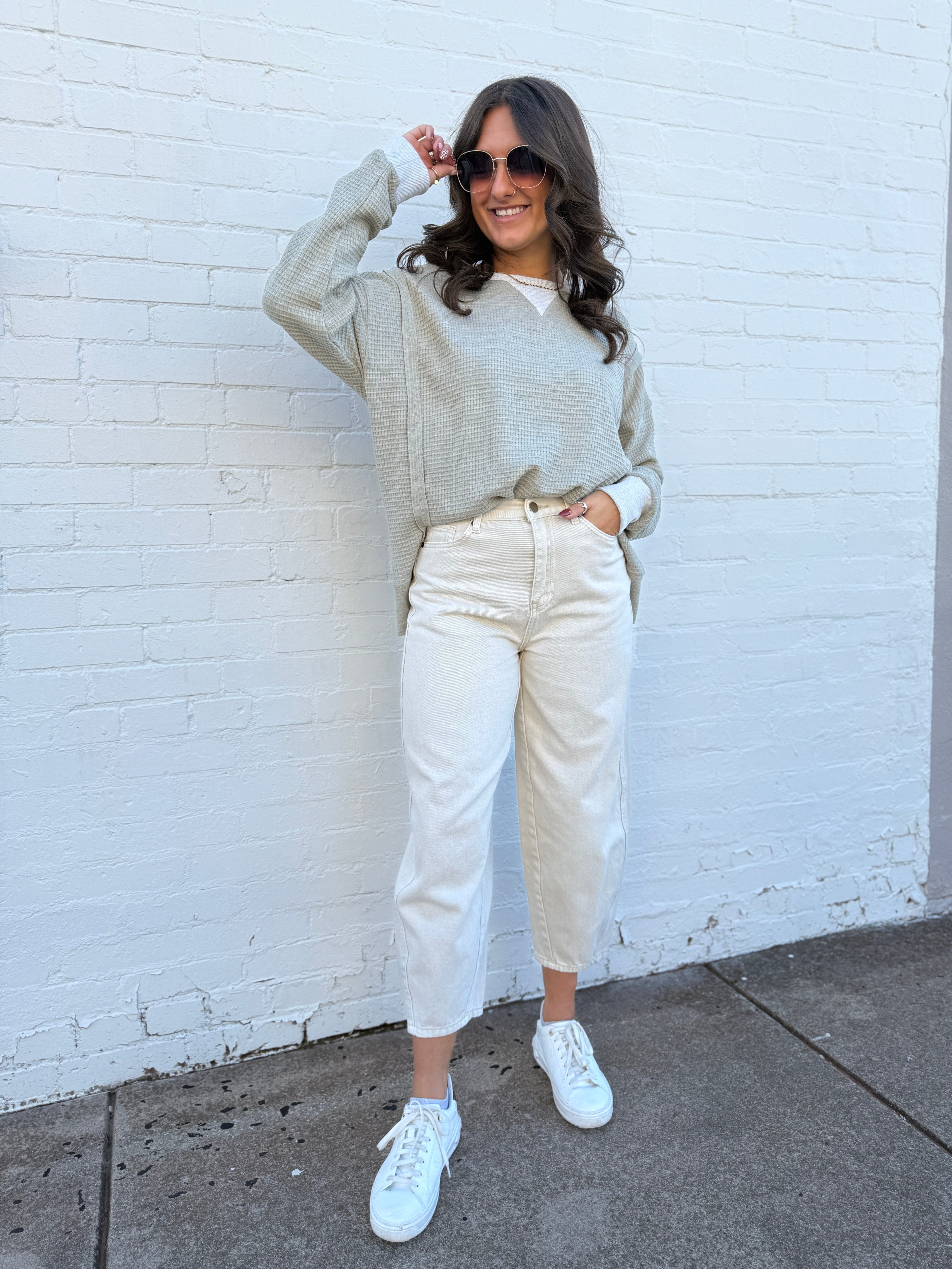 Hem & Thread Tops - Sweaters Oversized Thermal Crewneck In Olive