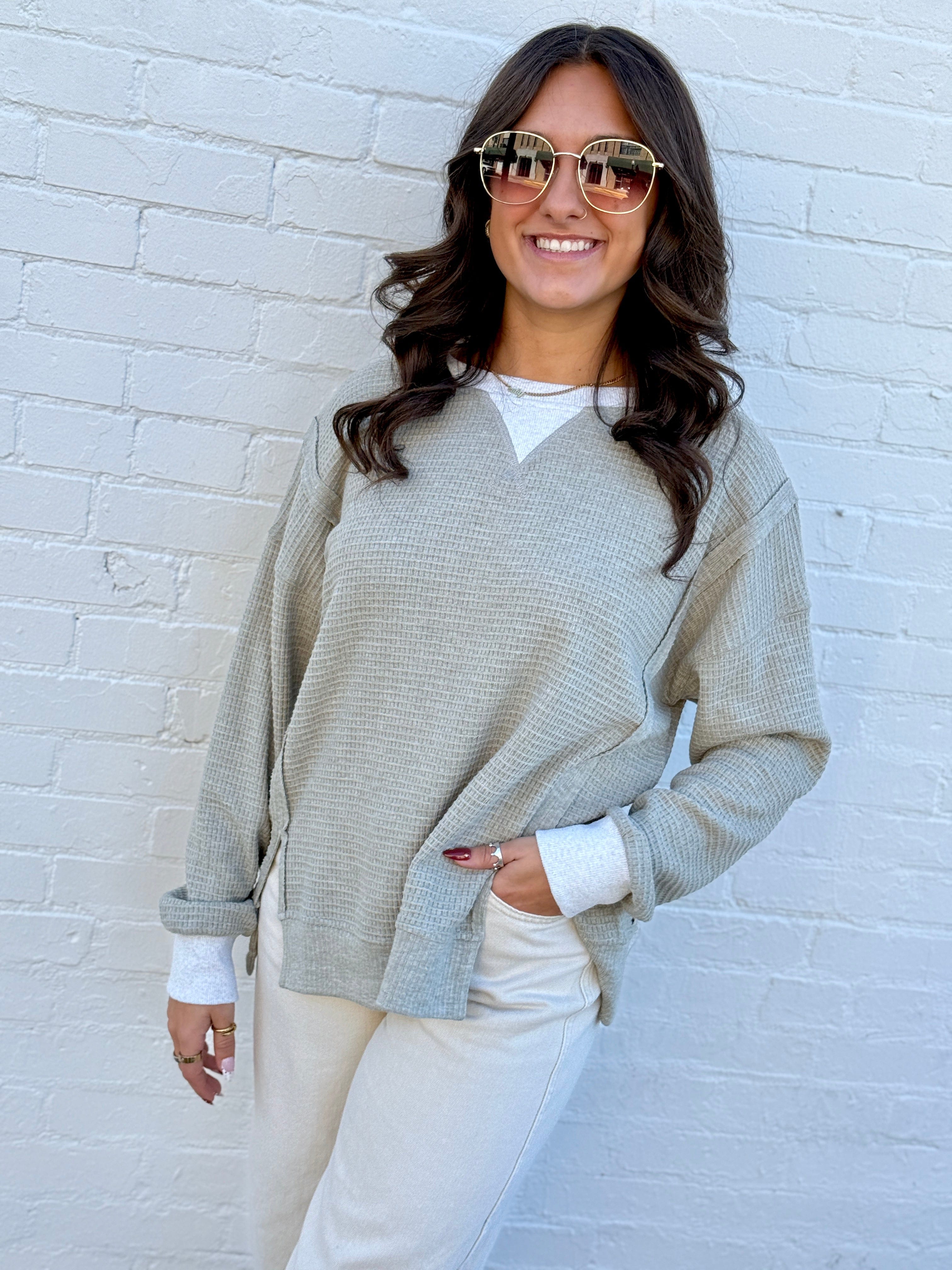 Hem & Thread Tops - Sweaters Oversized Thermal Crewneck In Olive