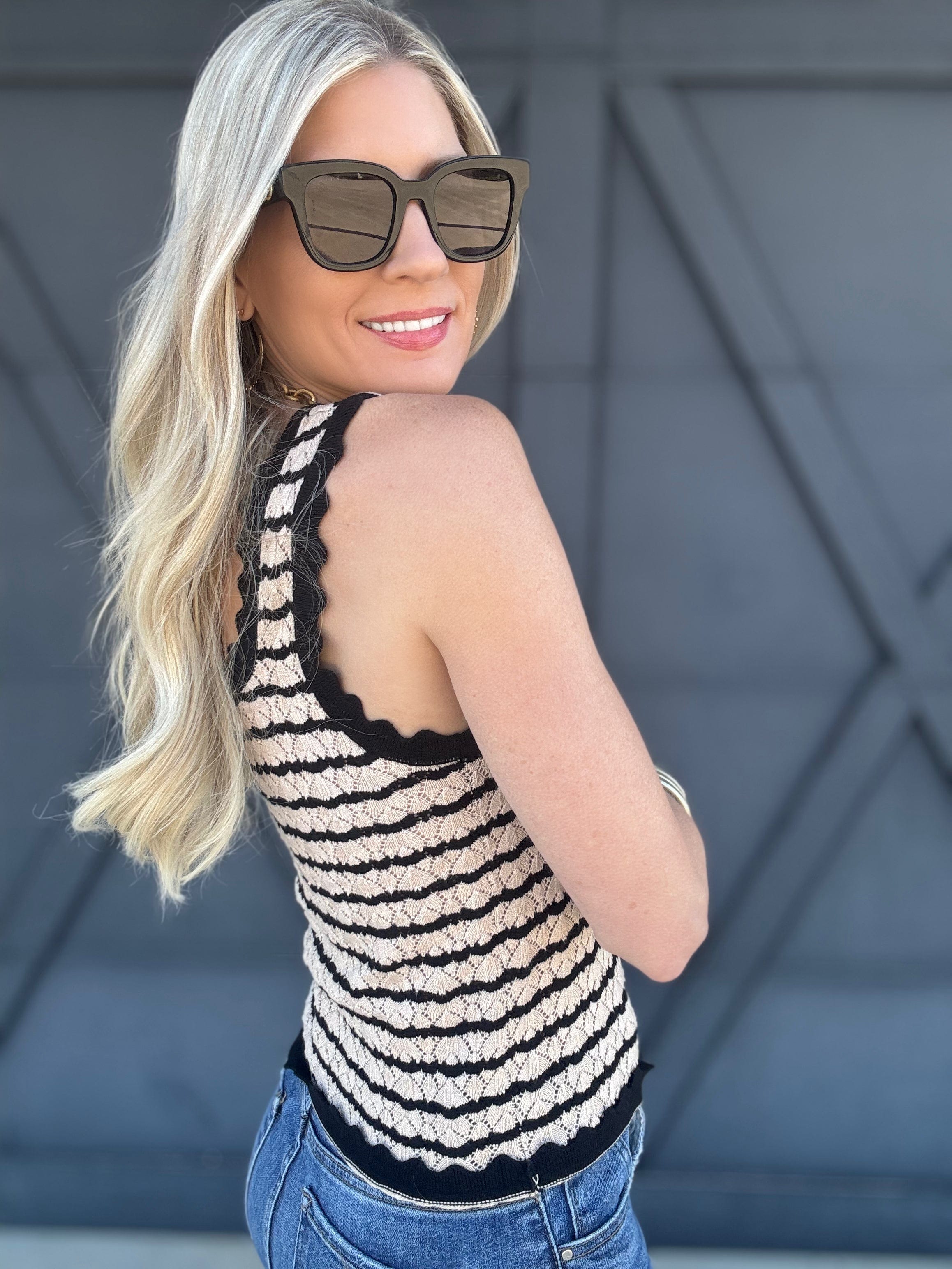 Scalloped Square Neck Knit Tank In Light Mocha - Infinity Raine