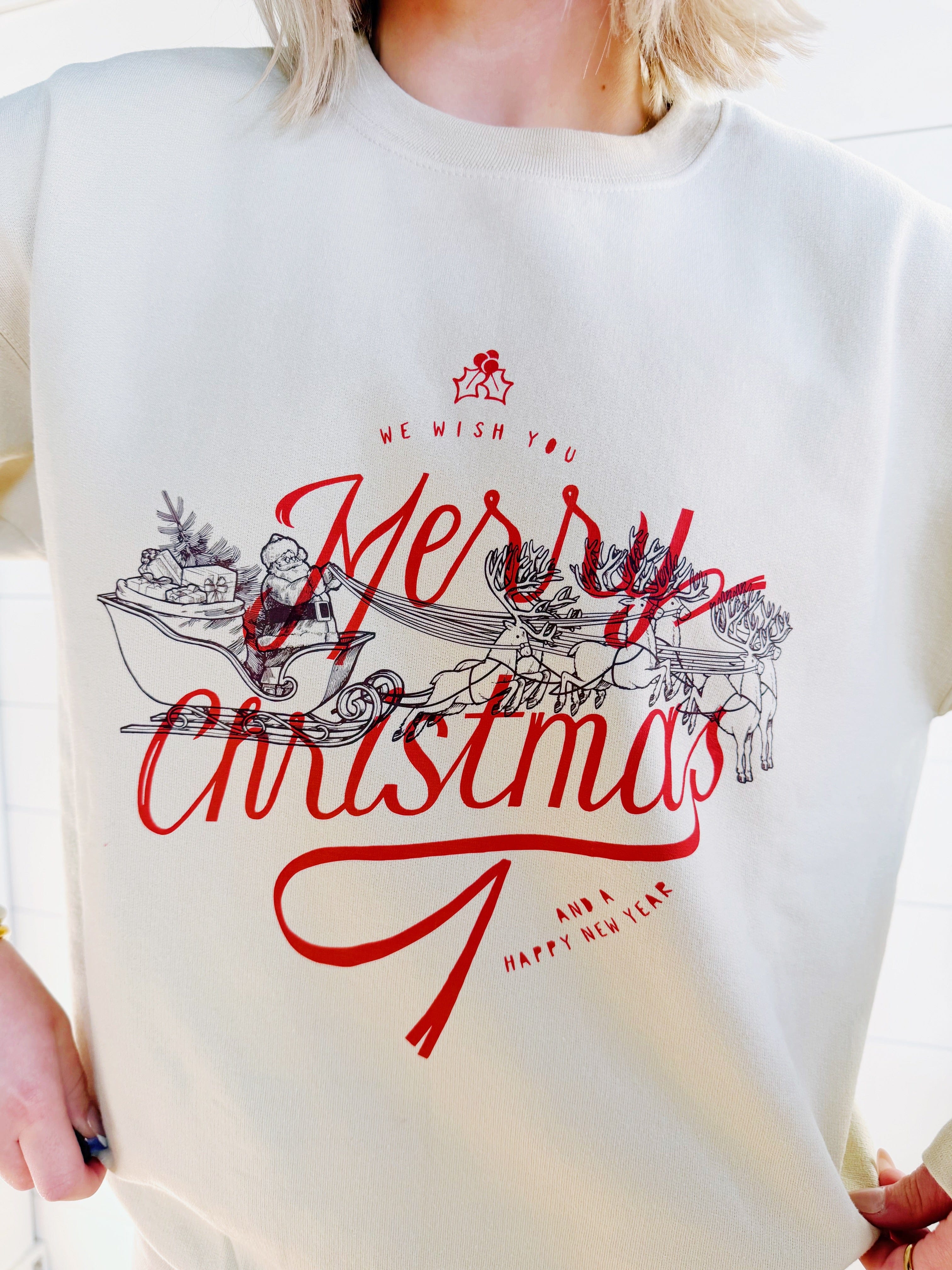 Hey Jude Graphic Tees Tops - Sweatshirts Merry Christmas Reindeer Sleigh Crewneck Sweatshirt