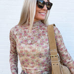 High Neck Fitted Mesh Top In Beige Floral - Infinity Raine