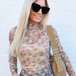 High Neck Fitted Mesh Top In Beige Floral - Infinity Raine