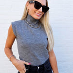 High Neck Sleeveless Knit Top In Charcoal - Infinity Raine