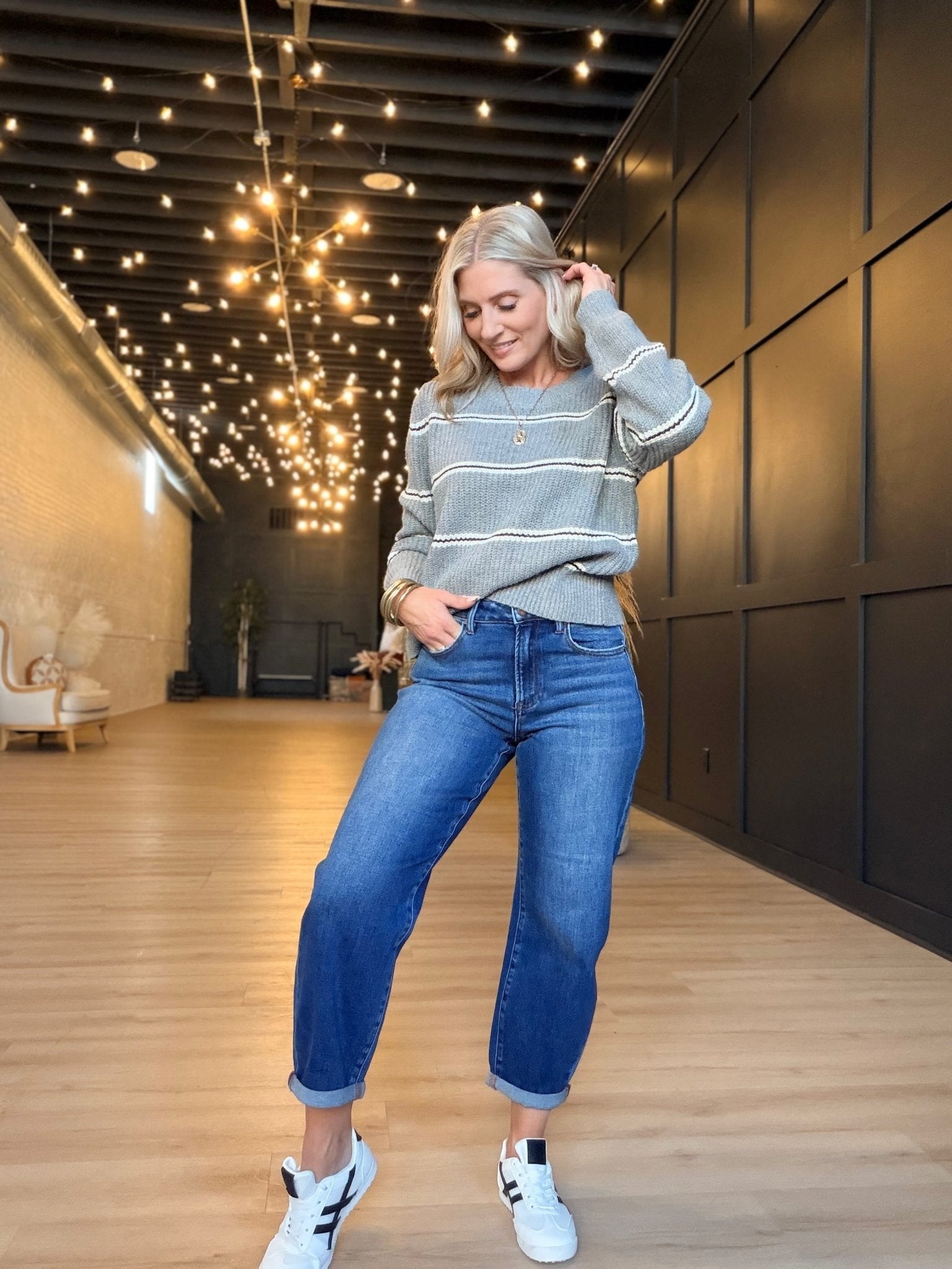 High Rise Crop Mild Barrel Cuffed Jeans Stretchy In Dark - Infinity Raine