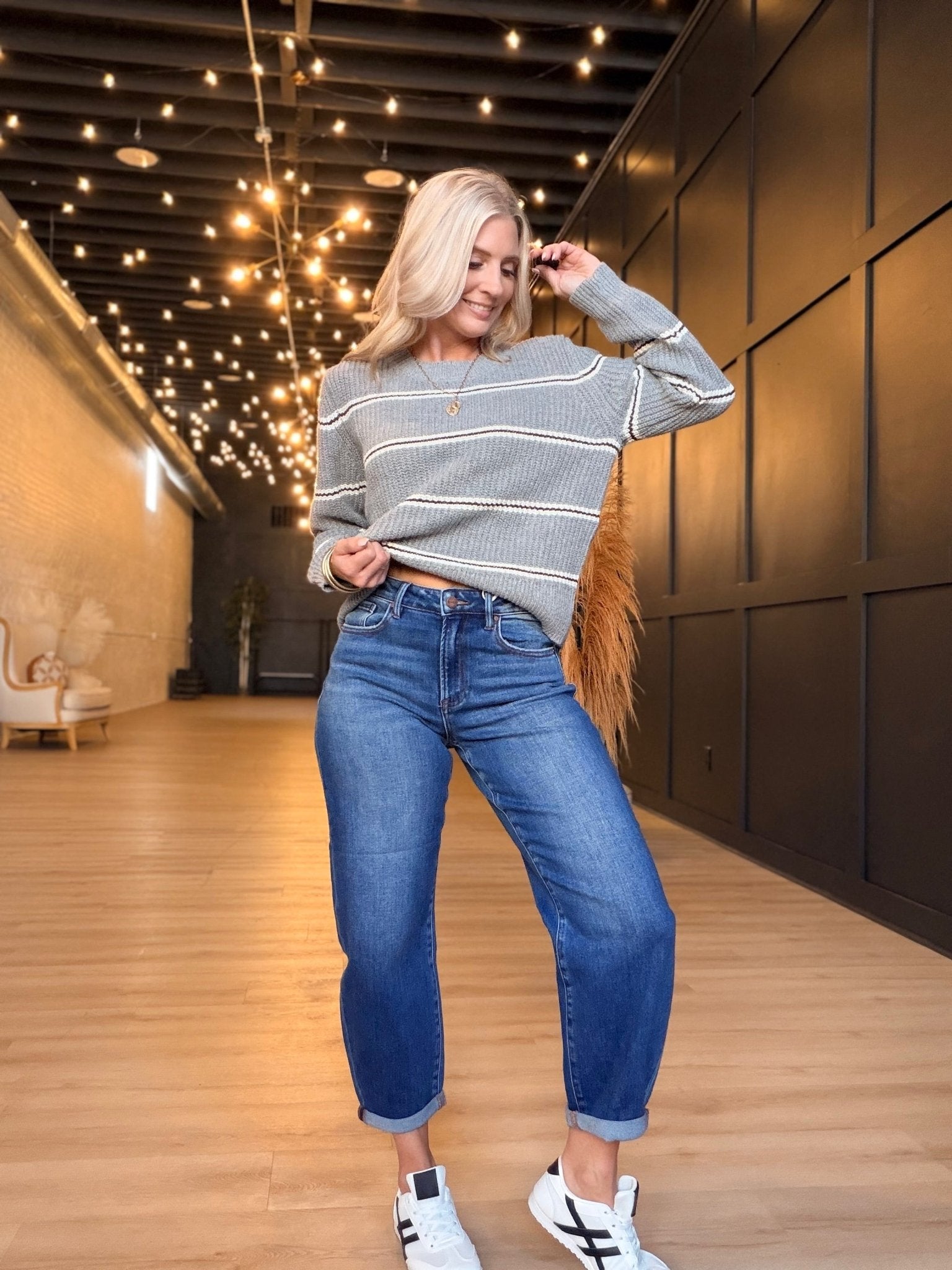 High Rise Crop Mild Barrel Cuffed Jeans Stretchy In Dark - Infinity Raine