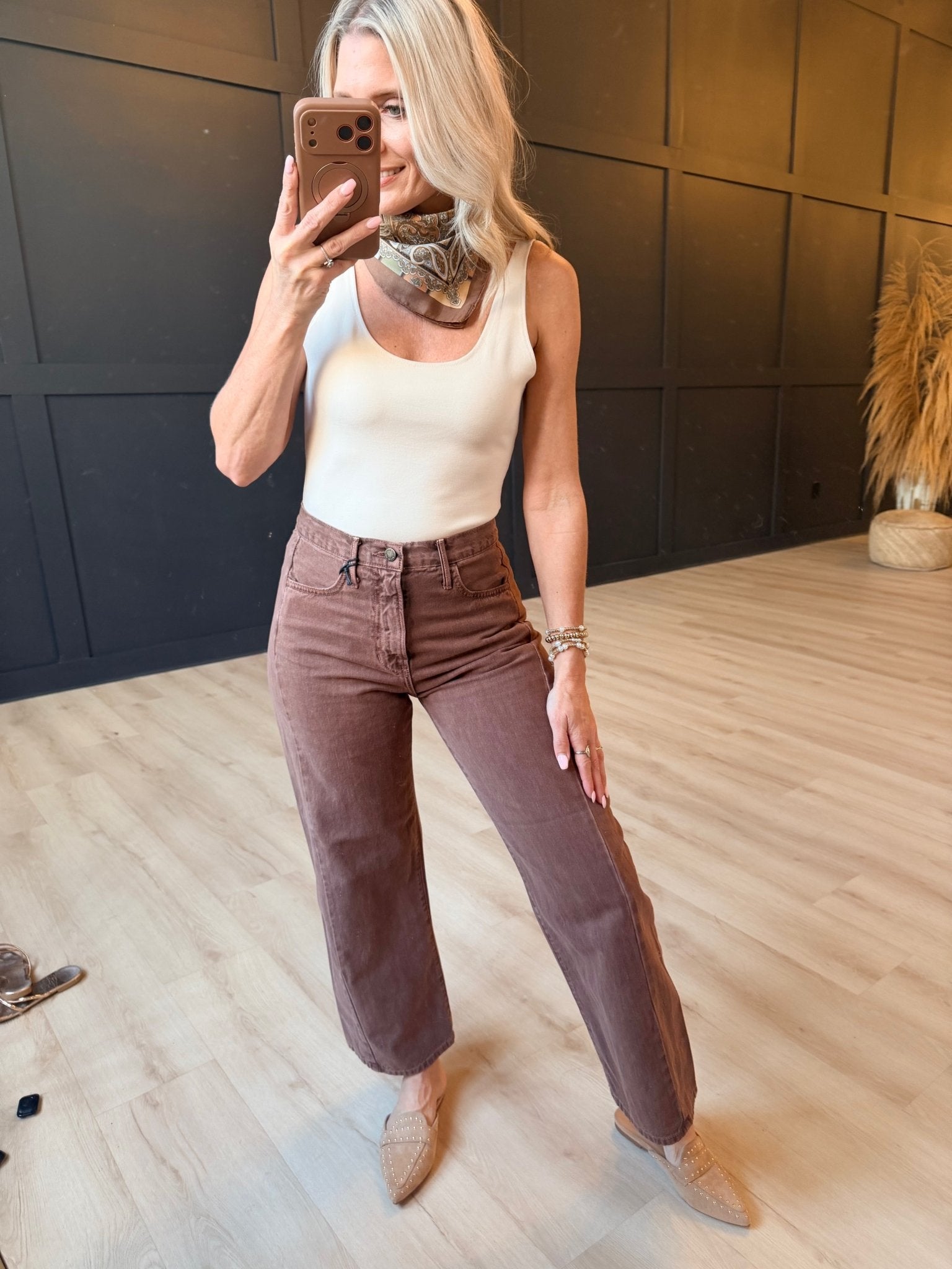 High Rise Twist Seam Barrel Jean In Vintage Brown - Infinity Raine