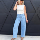 High-Waist Drawstring Wide Leg Jean In Washed Denim - Infinity Raine