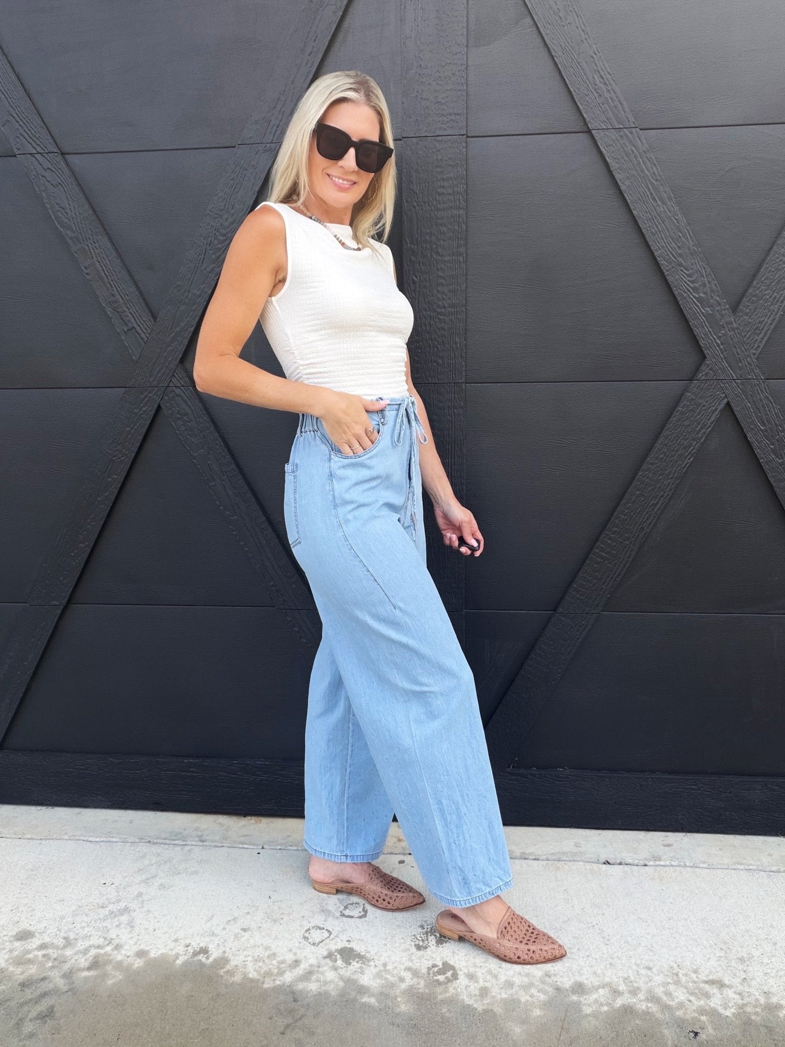 High-Waist Drawstring Wide Leg Jean In Washed Denim - Infinity Raine