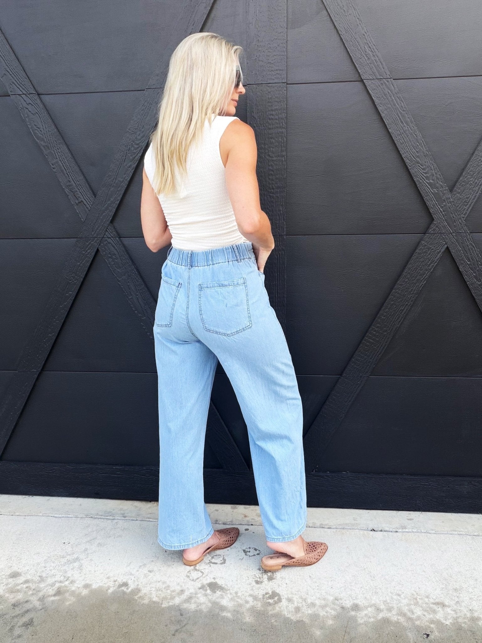 High-Waist Drawstring Wide Leg Jean In Washed Denim - Infinity Raine