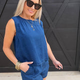 High Waist Pintuck Detail Shorts In Chambray - Infinity Raine