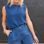 High Waist Pintuck Detail Shorts In Chambray - Infinity Raine