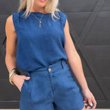 High Waist Pintuck Detail Shorts In Chambray - Infinity Raine