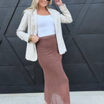 High-Waist Polka Dot Mesh Midi Skirt in Brown - Infinity Raine