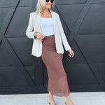 High-Waist Polka Dot Mesh Midi Skirt in Brown - Infinity Raine