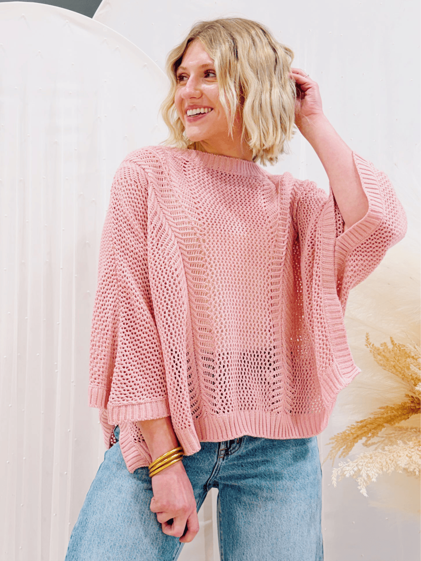 Hollow Knit Bat Sleeve Top In Pink - Infinity Raine