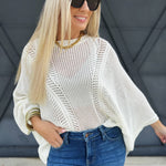 Hollow Knit Bat Sleeve Top In White - Infinity Raine