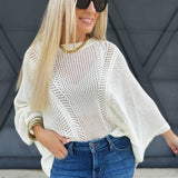 Hollow Knit Bat Sleeve Top In White - Infinity Raine