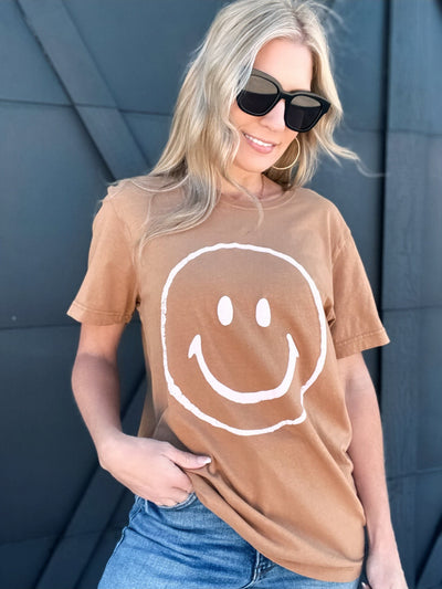 Happy Face Graphic Tee-Toasted Almond - Infinity Raine