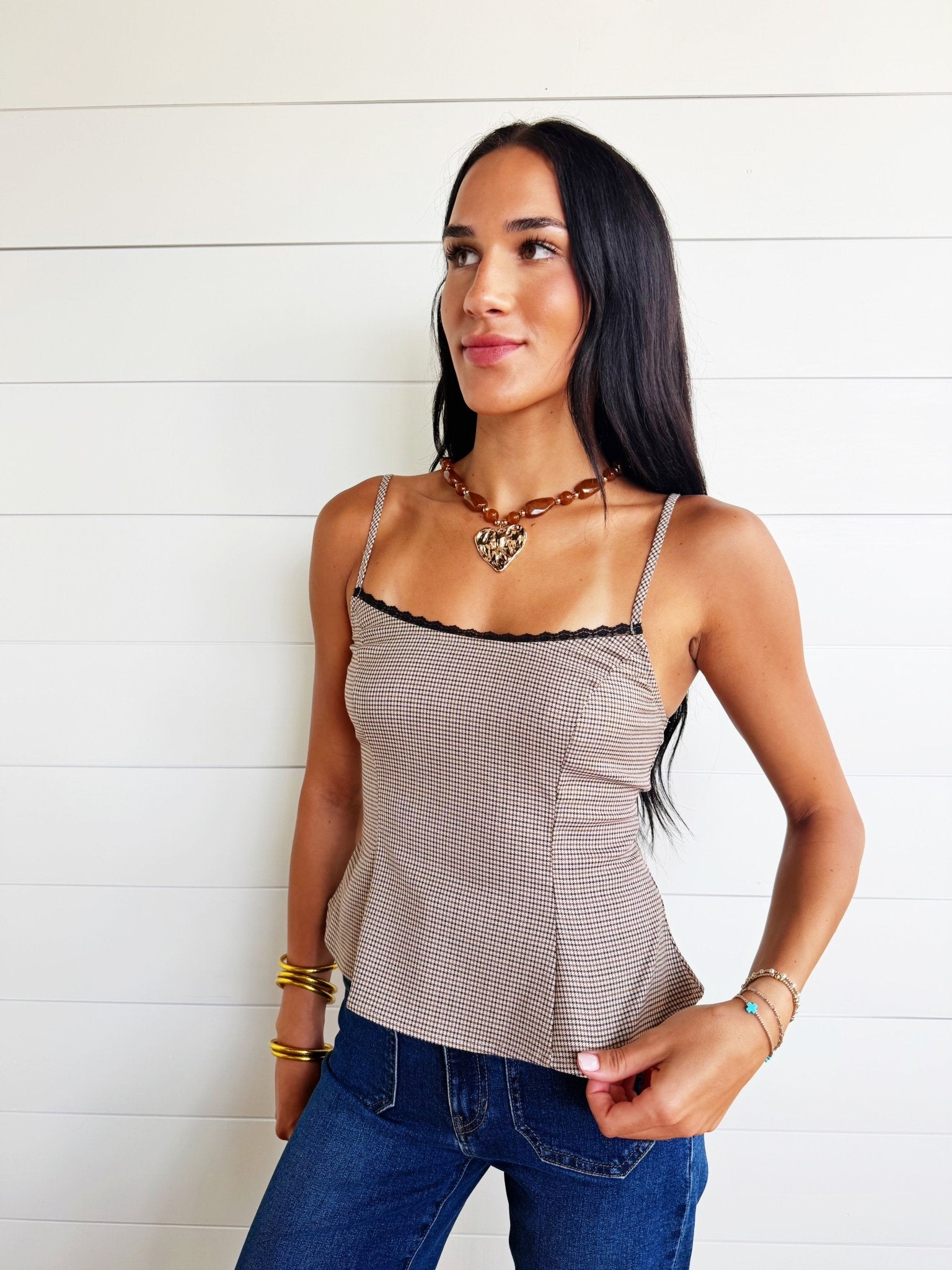 Houndstooth Print Lace Trim Cami - Infinity Raine