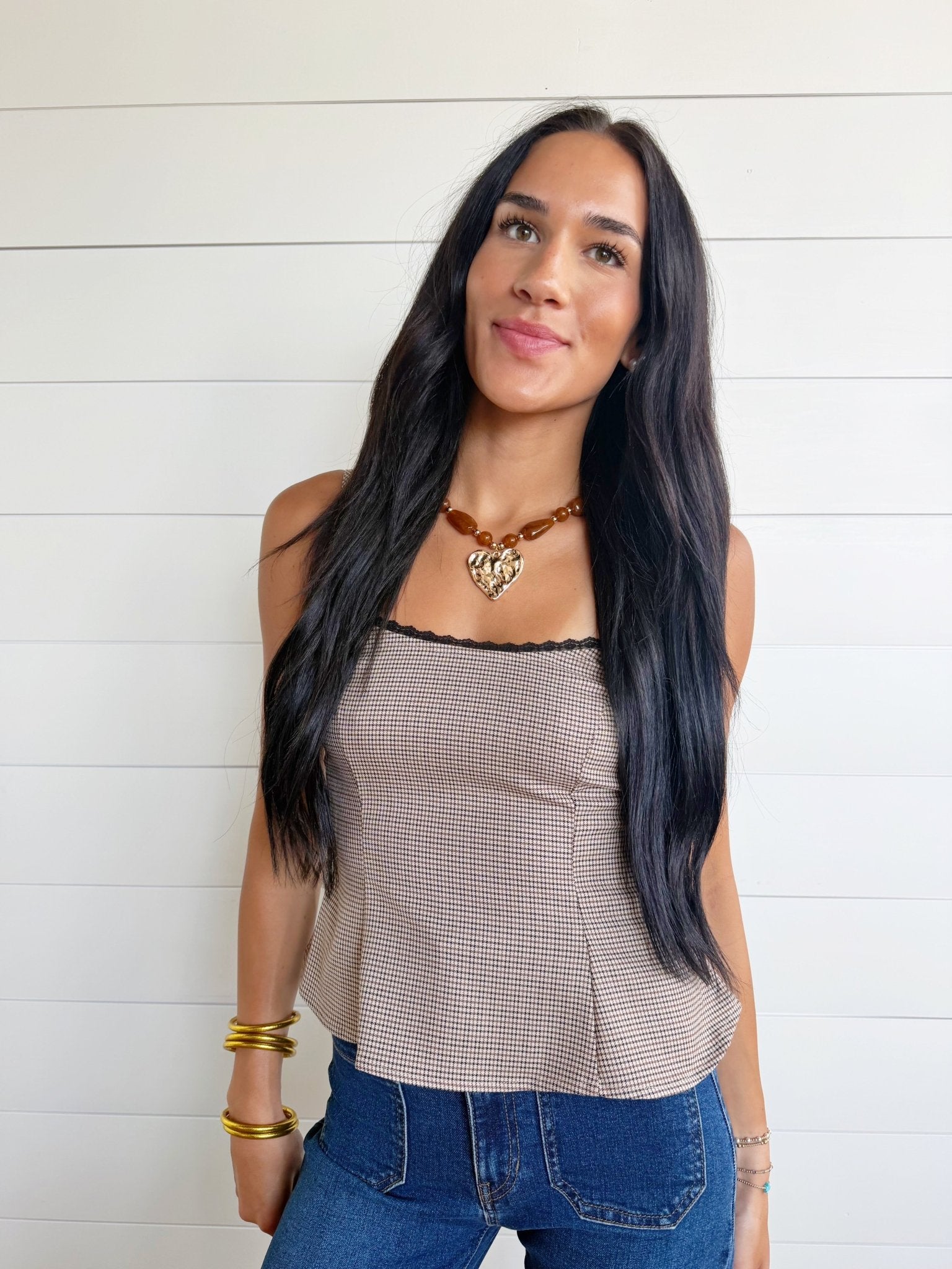 Houndstooth Print Lace Trim Cami - Infinity Raine