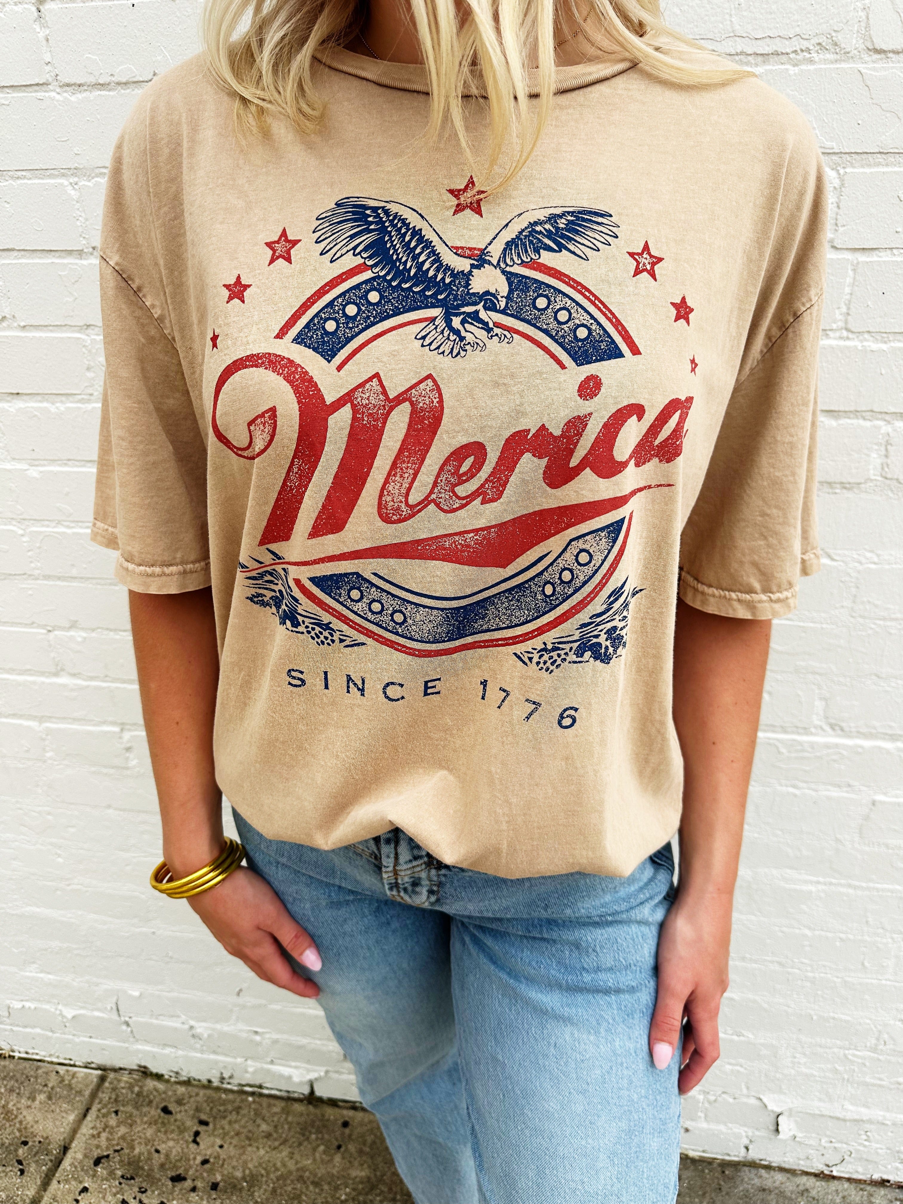 Merica Oversized Graphic In Mineral Taupe - Infinity Raine