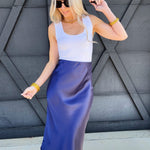 High Waisted Satin Midi Skirt In Indigo Blue - Infinity Raine