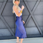 High Waisted Satin Midi Skirt In Indigo Blue - Infinity Raine