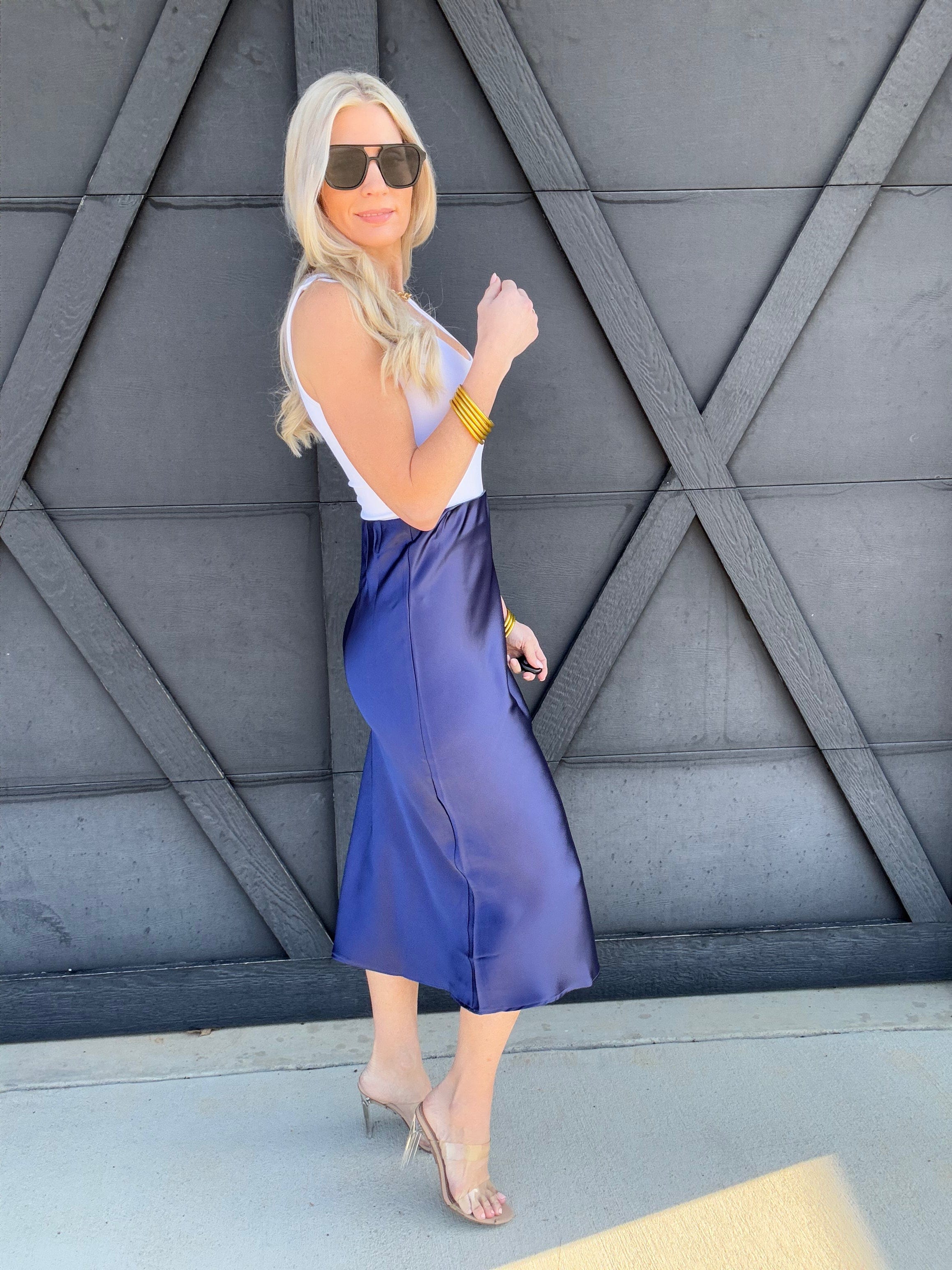 High Waisted Satin Midi Skirt In Indigo Blue - Infinity Raine