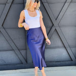 High Waisted Satin Midi Skirt In Indigo Blue - Infinity Raine