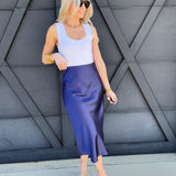 High Waisted Satin Midi Skirt In Indigo Blue - Infinity Raine