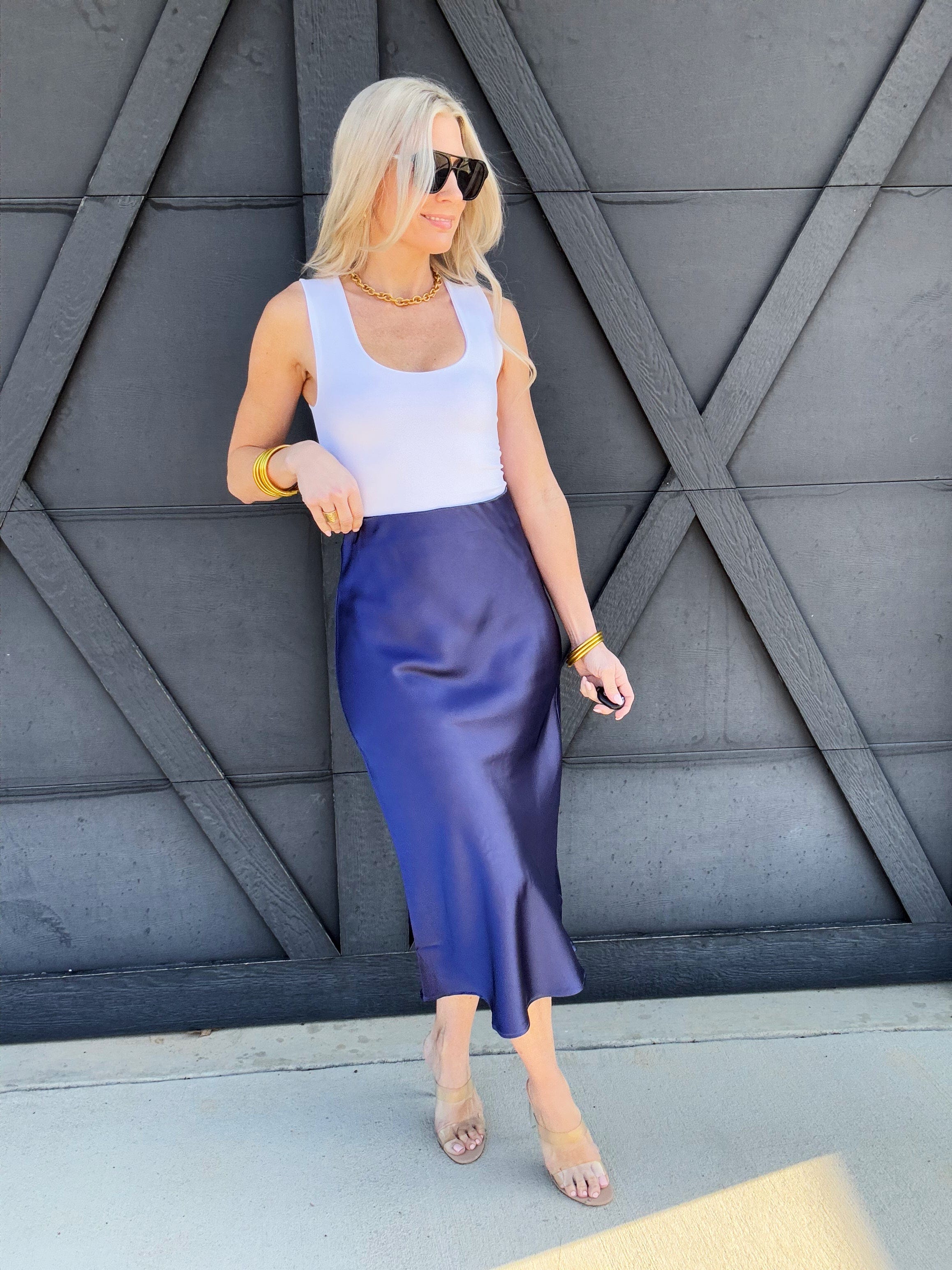 High Waisted Satin Midi Skirt In Indigo Blue - Infinity Raine