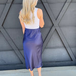 High Waisted Satin Midi Skirt In Indigo Blue - Infinity Raine