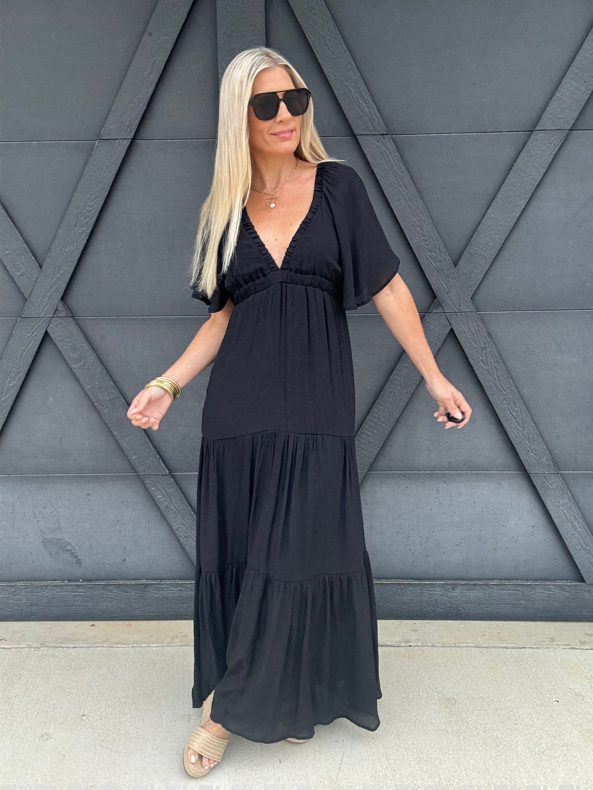 Deep V-Neck Maxi Dress In Black - Infinity Raine