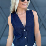 Button Down Washed Denim Vest In Indigo - Infinity Raine