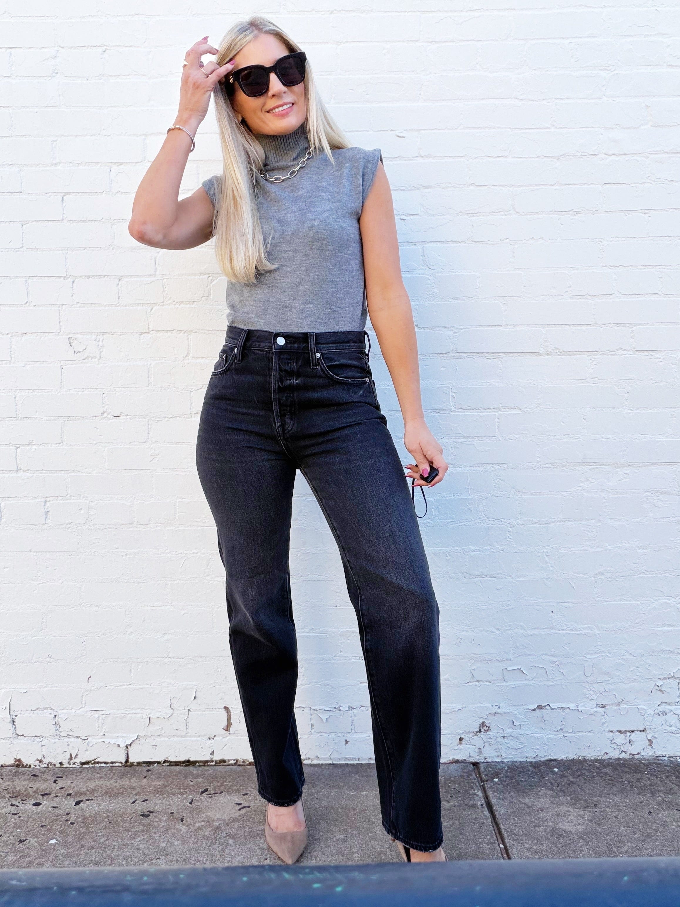 High Neck Sleeveless Knit Top In Charcoal - Infinity Raine