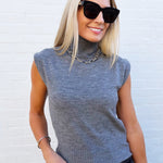 High Neck Sleeveless Knit Top In Charcoal - Infinity Raine