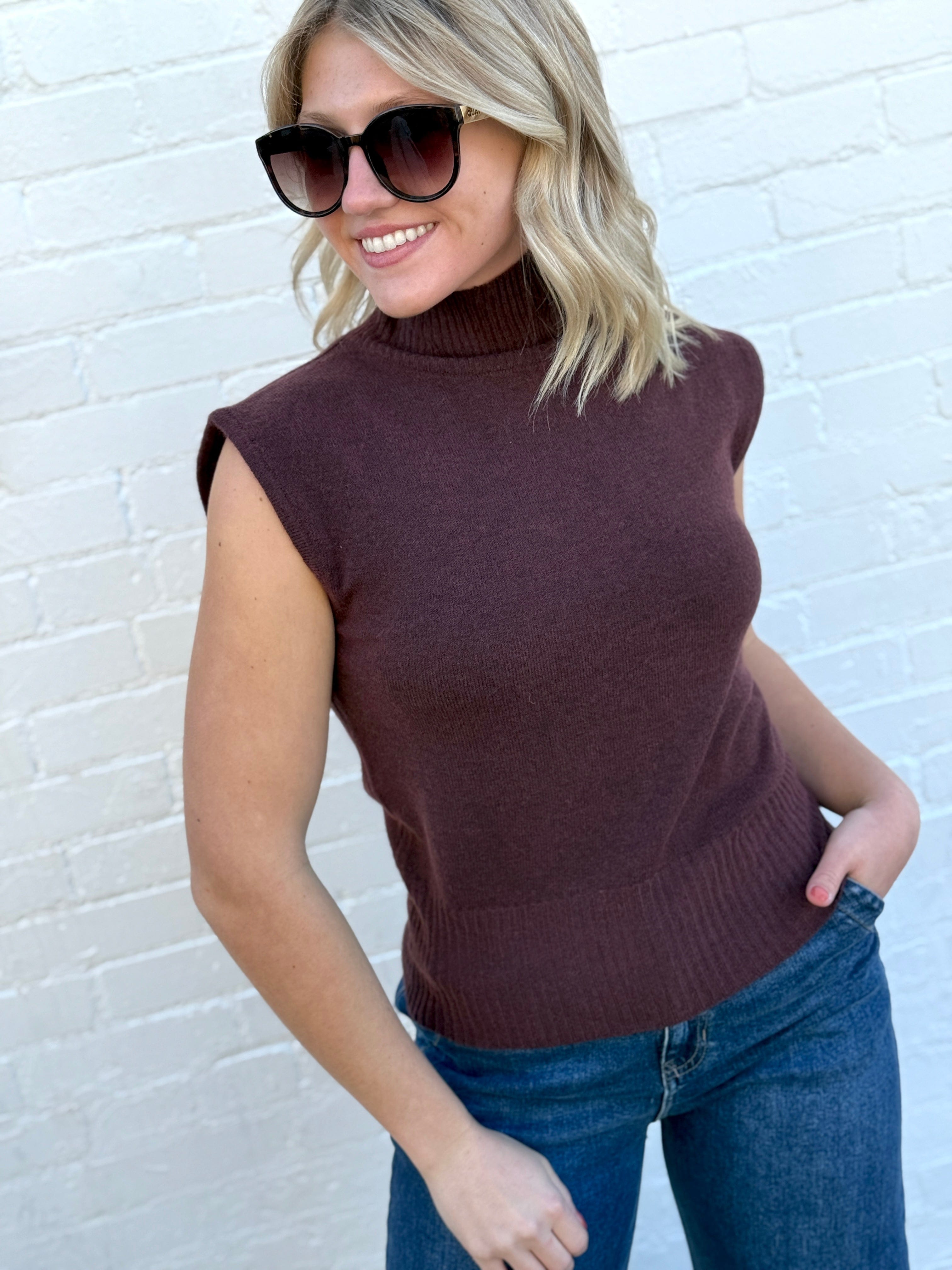 HYFVE Inc. Tops - Blouses High Neck Sleeveless Knit Top In Chestnut