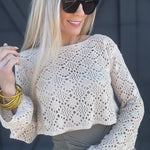 Crochet Long-sleeved Crop Top in Beige - Infinity Raine