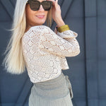 Crochet Long-sleeved Crop Top in Beige - Infinity Raine
