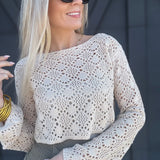 Crochet Long-sleeved Crop Top in Beige - Infinity Raine