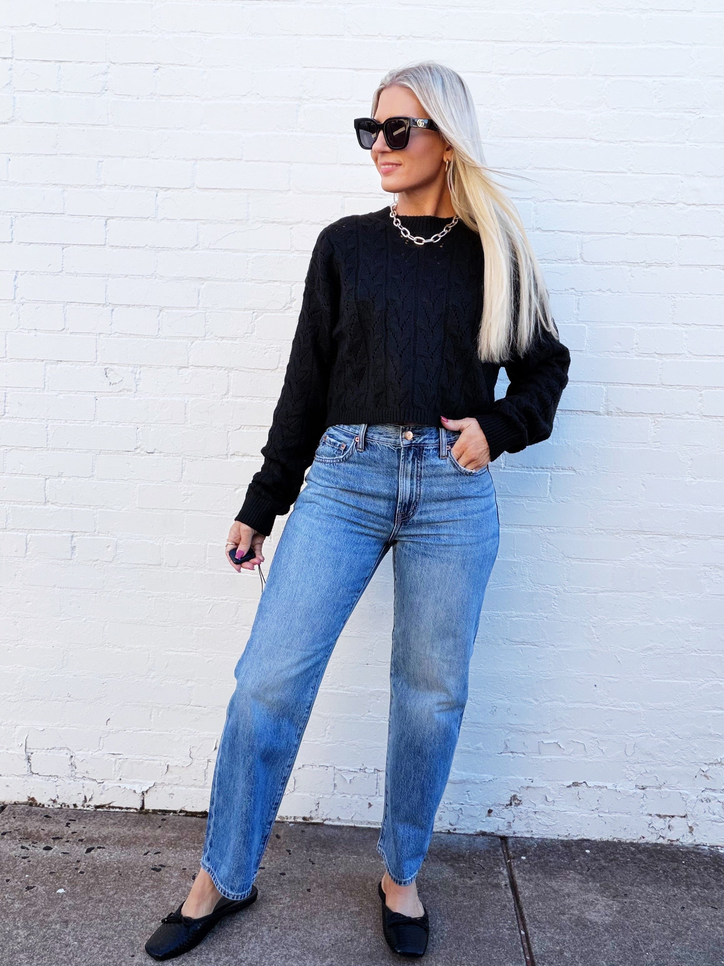 Cropped Cable Knit Sweater In Black - Infinity Raine