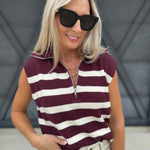 Striped Knit Half Zip Sweater Vest In Dark Cherry - Infinity Raine
