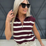 Striped Knit Half Zip Sweater Vest In Dark Cherry - Infinity Raine