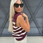 Striped Knit Half Zip Sweater Vest In Dark Cherry - Infinity Raine