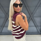 Striped Knit Half Zip Sweater Vest In Dark Cherry - Infinity Raine