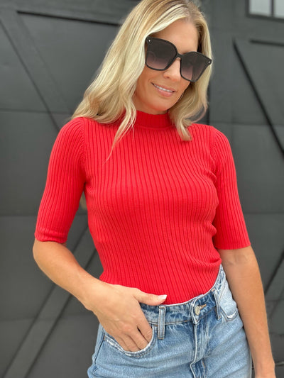Ribbed Mock Neck Sweater Top-Red - Infinity Raine