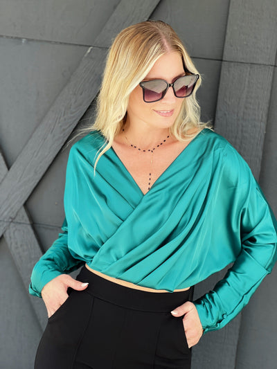Satin Foldover Blouse-Hunter Green - Infinity Raine